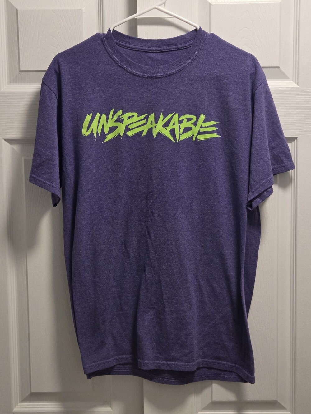 (5/$25) Unbreakable Graphic Tee - Purple with Neon Green Print Size Large